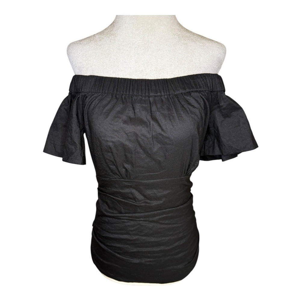 Artelier Nicole Miller Off Shoulder Ruffle Top Ruched Waist Black Medium NWT